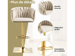 Set de 2 Taburetes de Bar Trenzados - Patas de Metal Dorado - Reposapiés - Altura Ajustable - Giro 360° - Ideal para Cocina, Salón o Bar