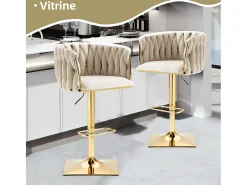 Set de 2 Taburetes de Bar Trenzados - Patas de Metal Dorado - Reposapiés - Altura Ajustable - Giro 360° - Ideal para Cocina, Salón o Bar