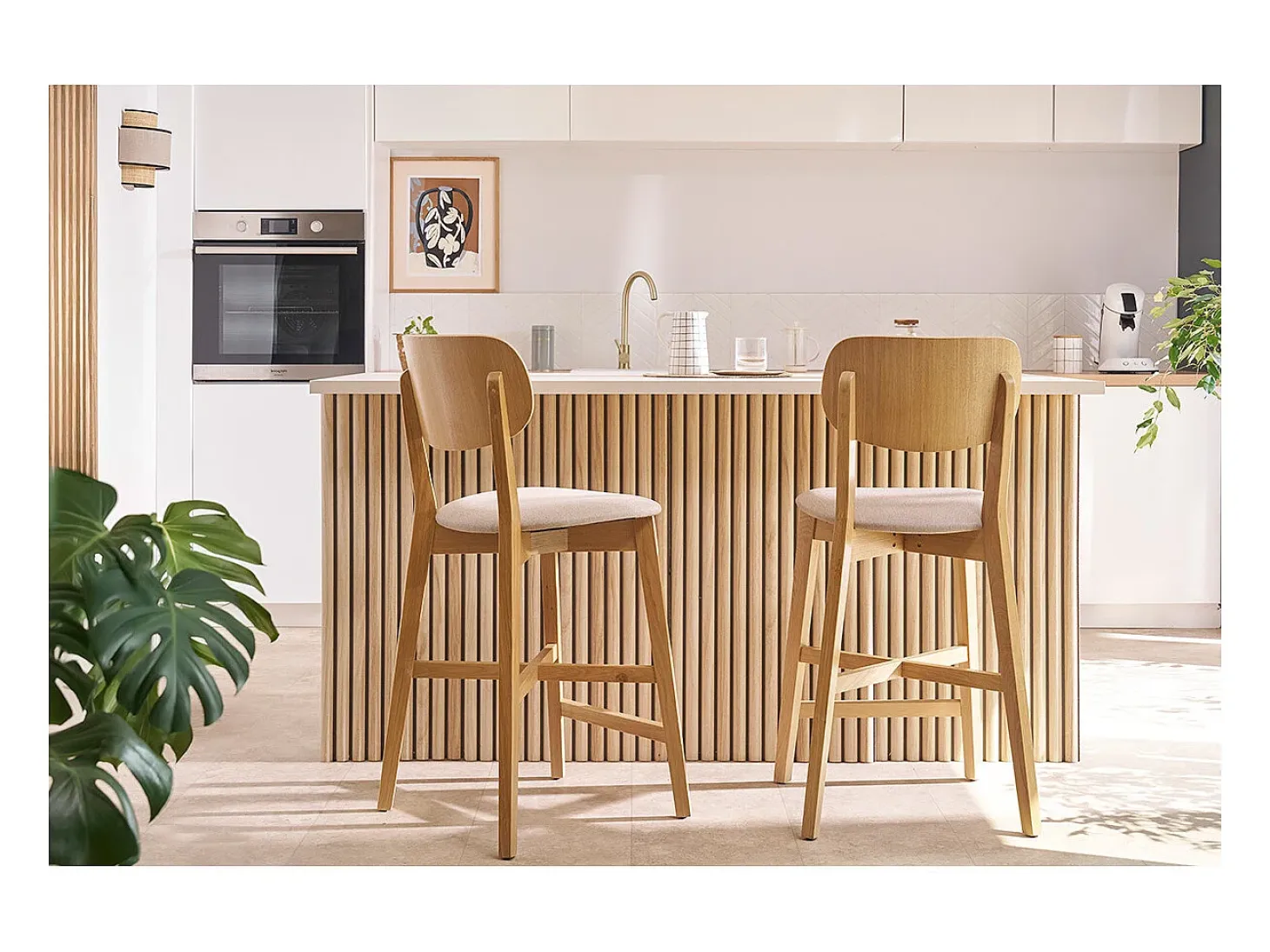 Set de 2 taburetes de cocina de madera de roble claro y tela efecto aterciopelado terracota 65 cm LUCIA