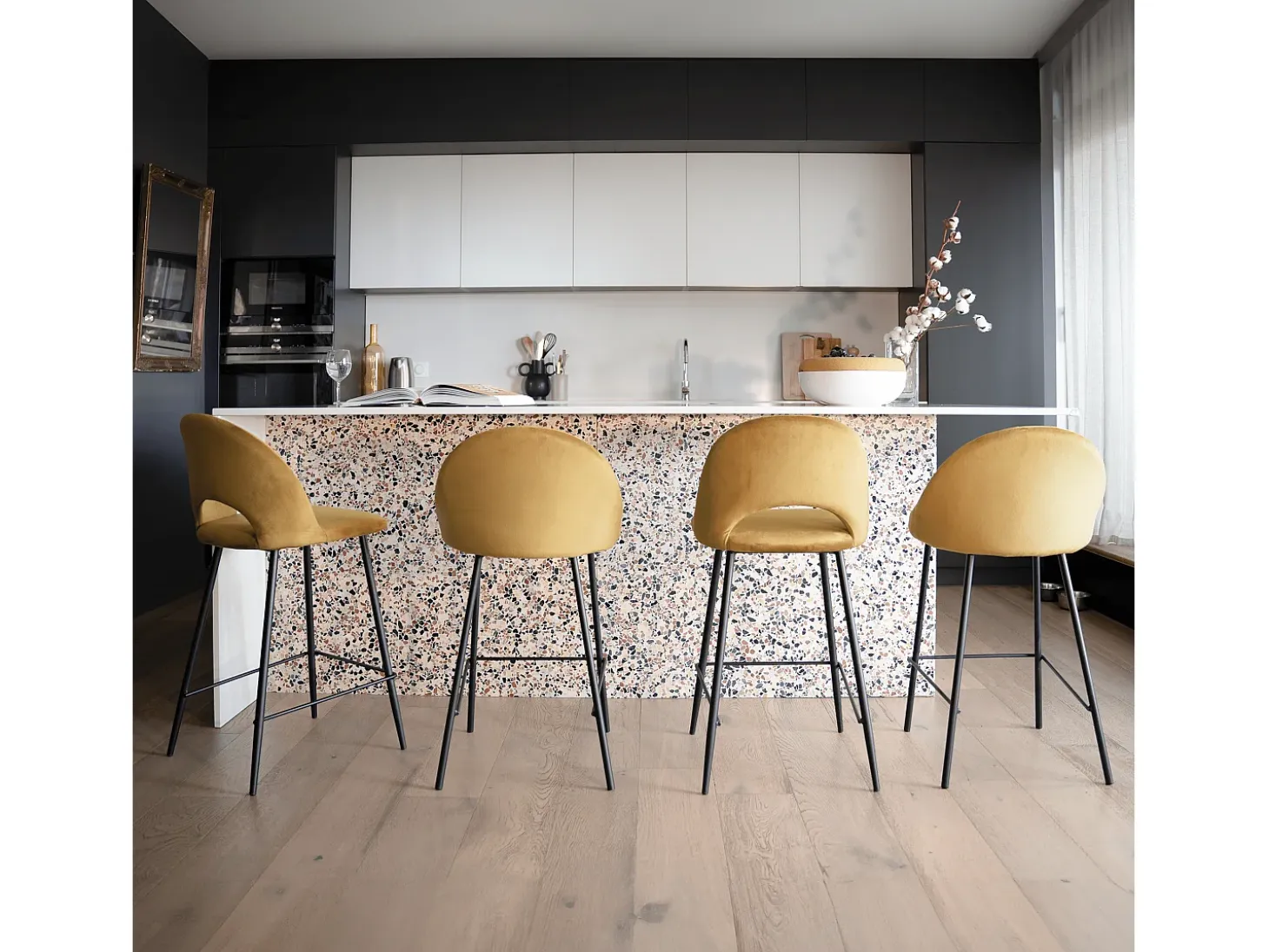 Set de 2 taburetes para isla de cocina en terciopelo amarillo 65 cm - Pénélope