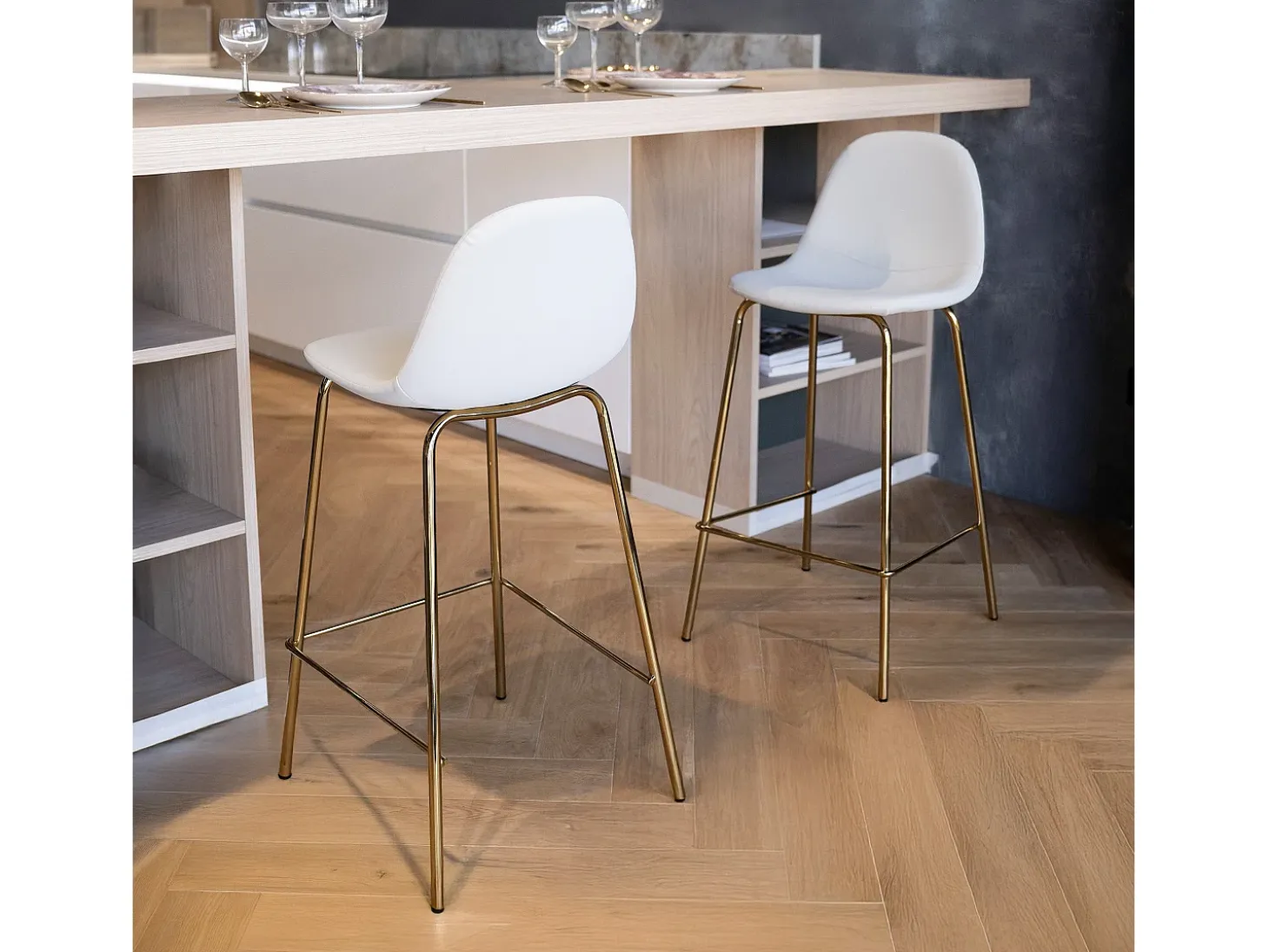 Set de 2 taburetes para isla de cocina en cuero sintético blanco 65 cm - Henrik