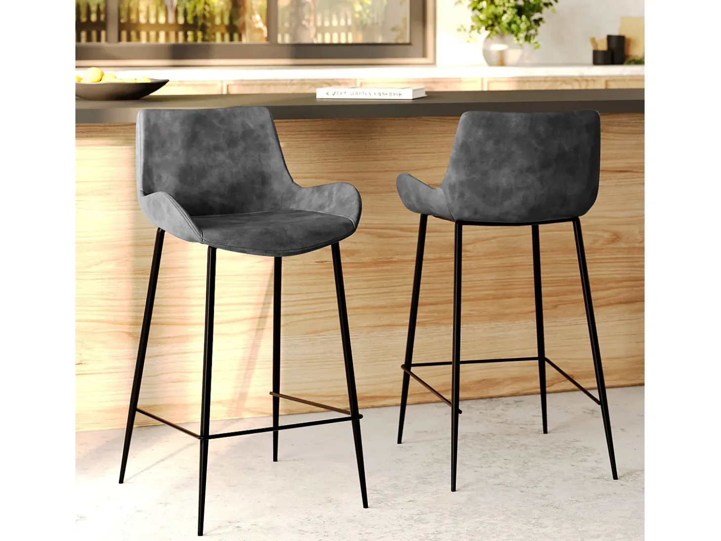 Set de 2 taburetes para isla de cocina en cuero sintético gris 65 cm - Pirata