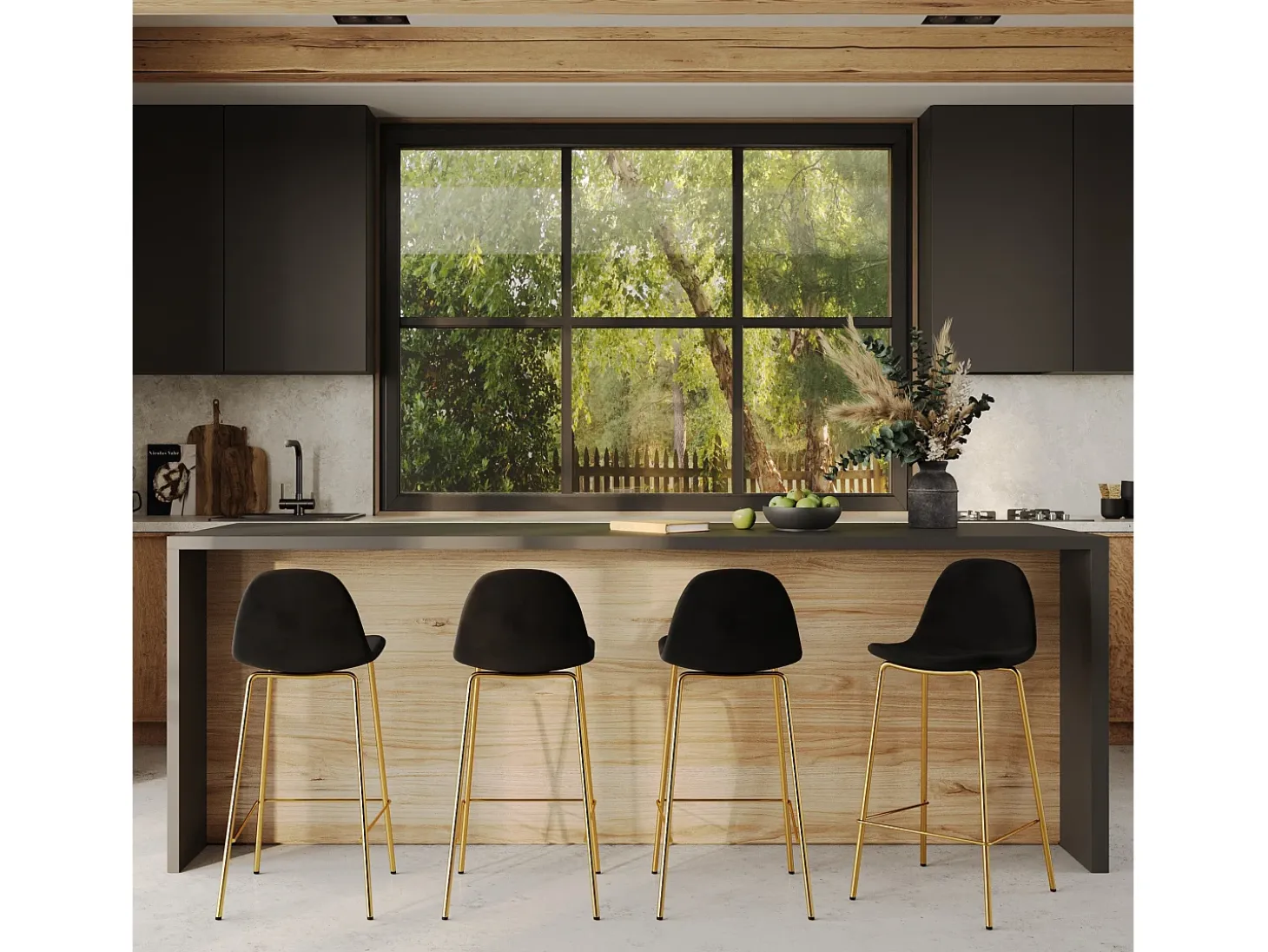 Set de 2 taburetes para isla de cocina en terciopelo negro 65 cm - Henrik