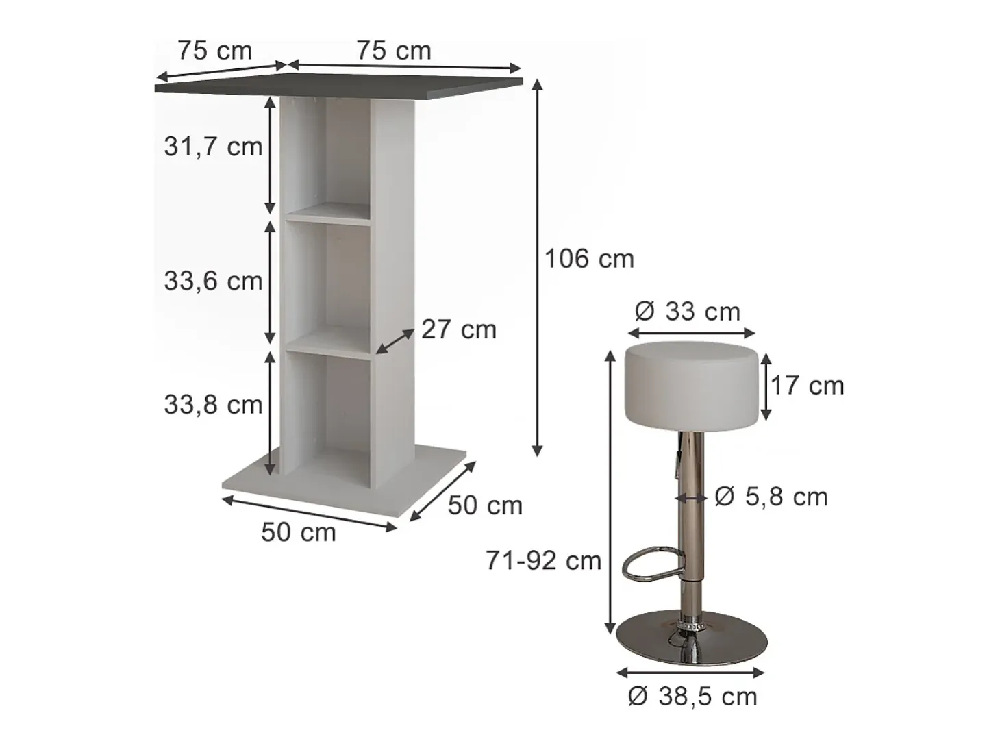 Set de mesa de bar hormigón/blanco 75x75x106 repose