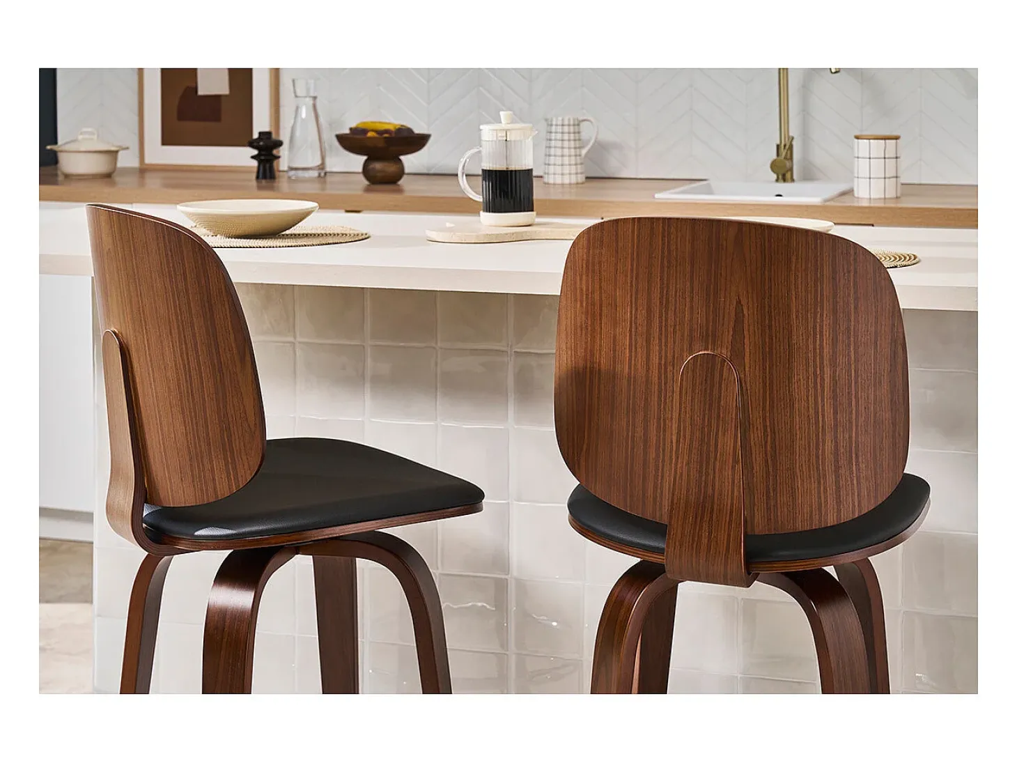Set de 2 taburetes de cocina giratorios de diseño negros y madera oscura 66 cm BECK