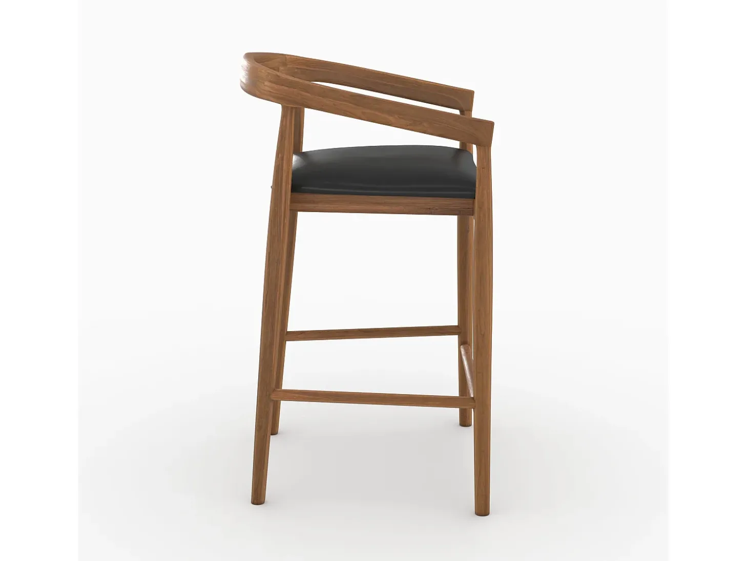 Set of 2 bar stools, 77 cm, in varnished teak with black leather seats - Bali
