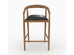 Set of 2 bar stools, 77 cm, in varnished teak with black leather seats - Bali