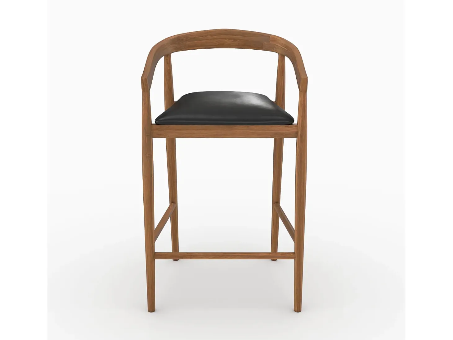 Set of 2 bar stools, 77 cm, in varnished teak with black leather seats - Bali