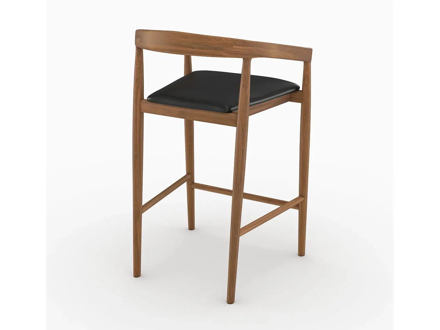 Set of 2 bar stools, 77 cm, in varnished teak with black leather seats - Bali