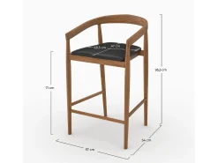Set of 2 bar stools, 77 cm, in varnished teak with black leather seats - Bali