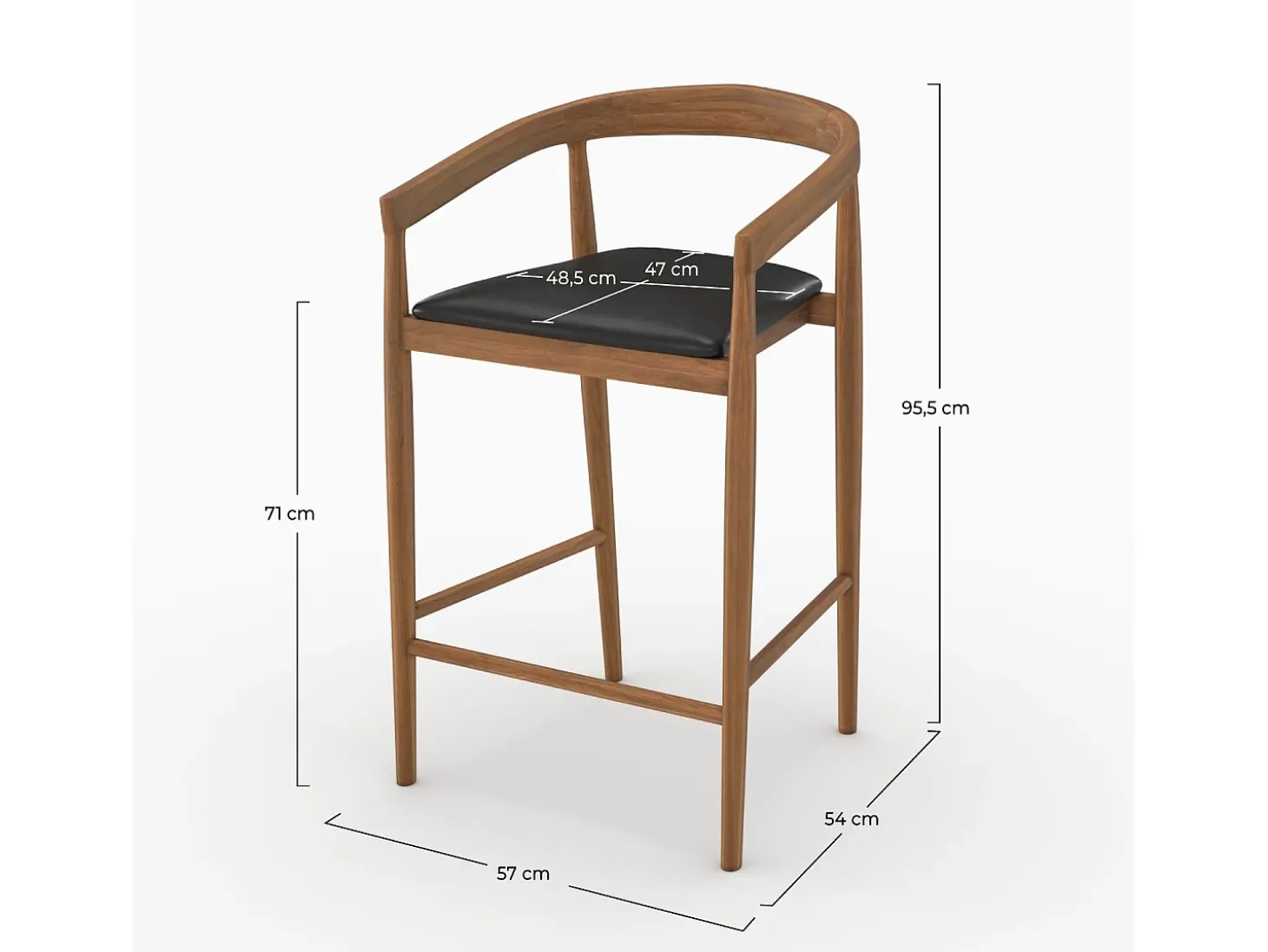 Set of 2 bar stools, 77 cm, in varnished teak with black leather seats - Bali