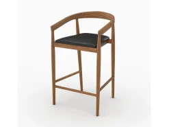Set of 2 bar stools, 77 cm, in varnished teak with black leather seats - Bali