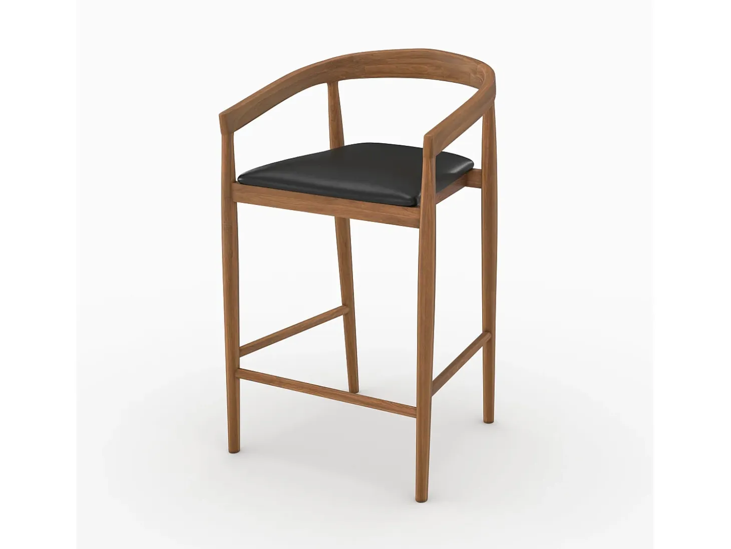 Set of 2 bar stools, 77 cm, in varnished teak with black leather seats - Bali