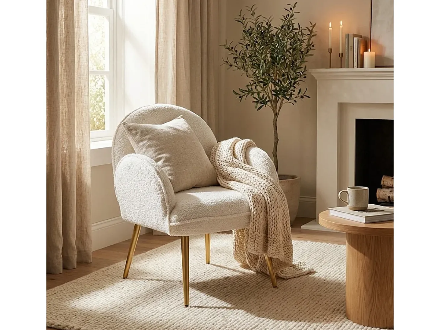 Silla butaca de tela de bouclé blanca y metal dorado para el salón Vivi