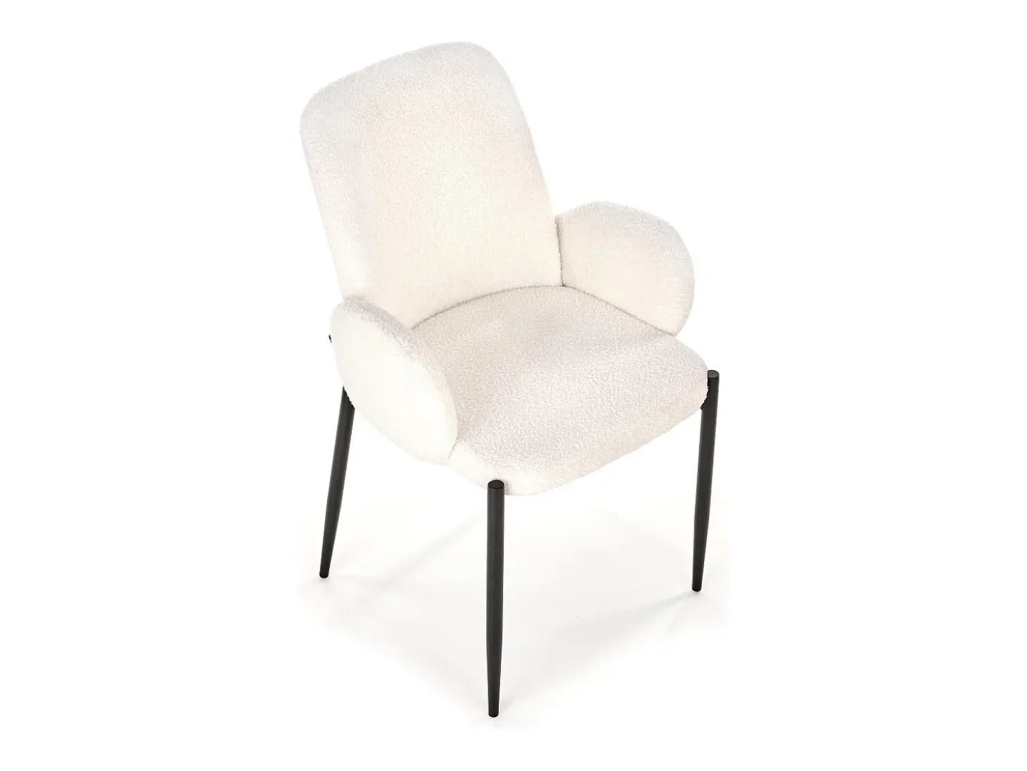 Silla contemporánea en tejido bouclé crema con brazos y patas de metal negro HORN