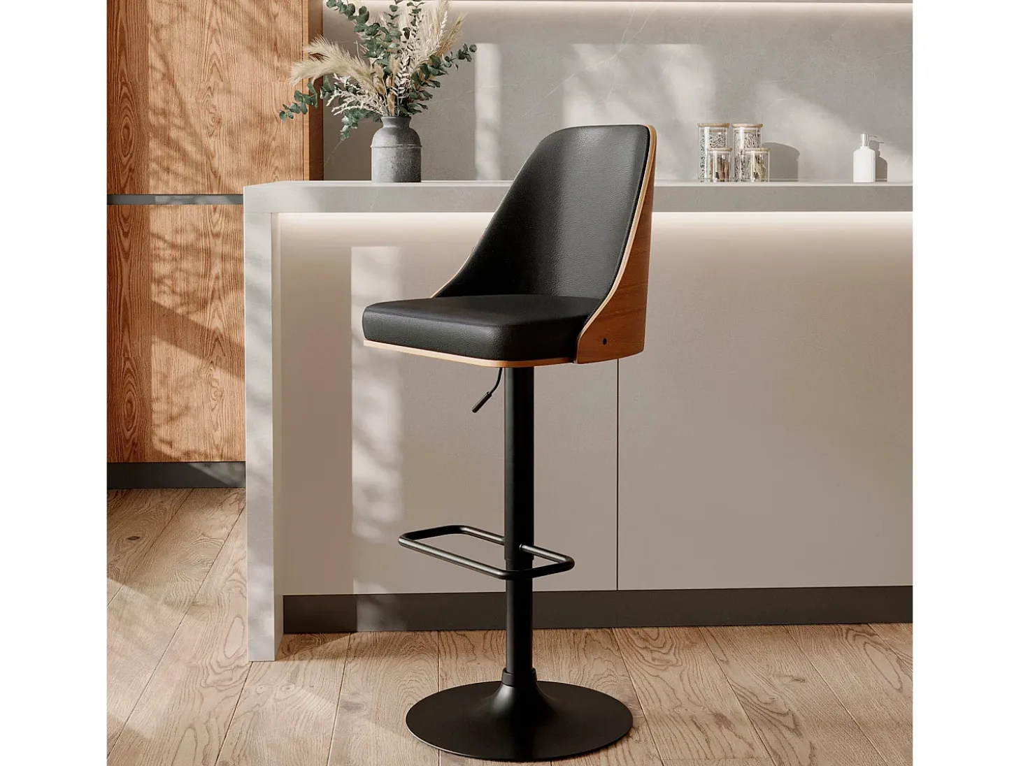 Silla de bar regulable en madera oscura y PU negro 56/77 cm - Georges