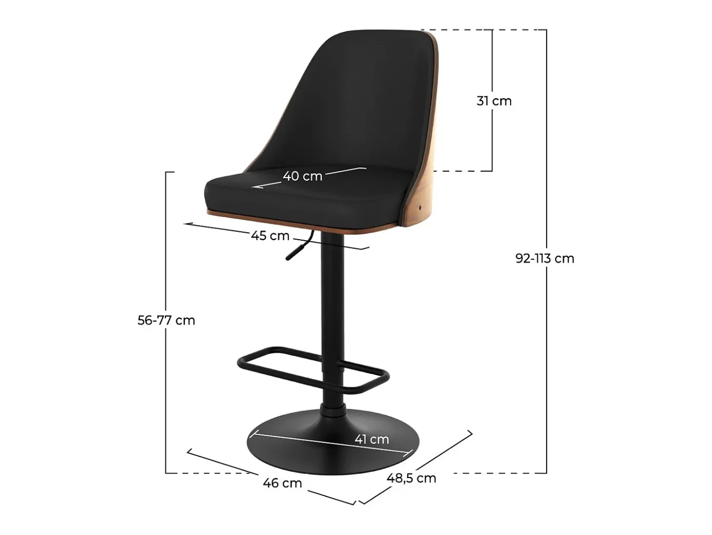 Silla de bar regulable en madera oscura y PU negro 56/77 cm - Georges