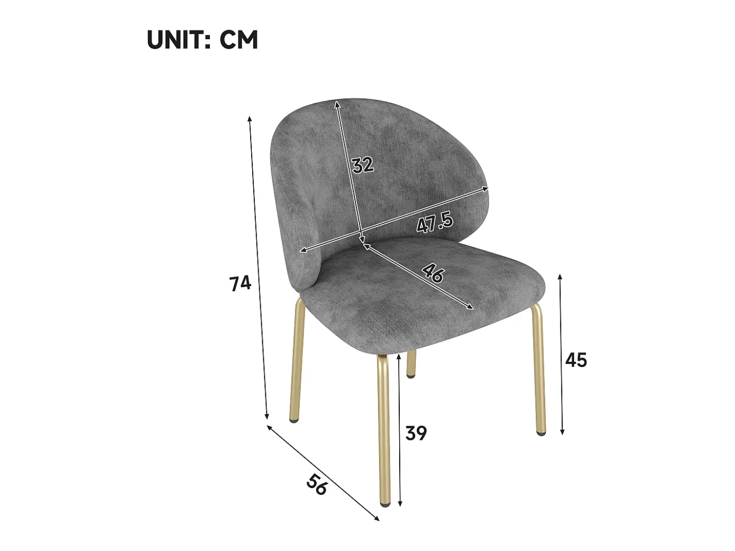 Silla de chenilla gris con patas de metal dorado