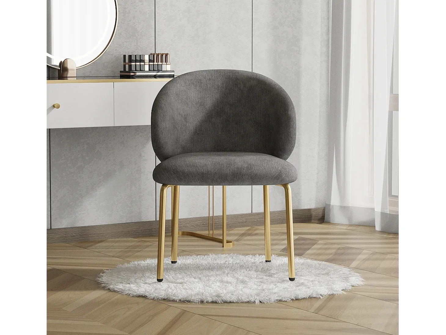 Silla de chenilla gris con patas de metal dorado