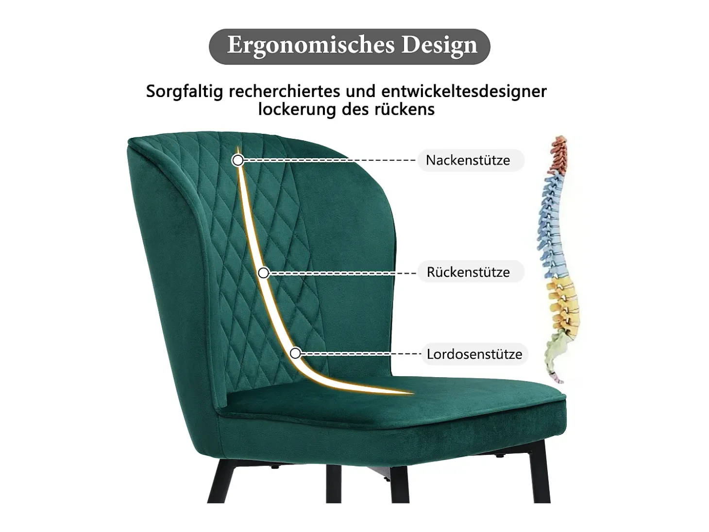 Silla de comedor (2 unidades), Diseño con respaldo, Asiento de terciopelo verde, Patas de metal, 47x43x86 cm