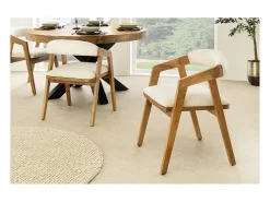 Silla de comedor ARKAYA vintage en madera maciza de acacia y tela blanca