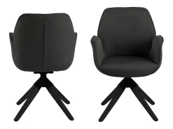 Silla de comedor Aura patas negras con reposabrazos y retorno en color gris oscuro.