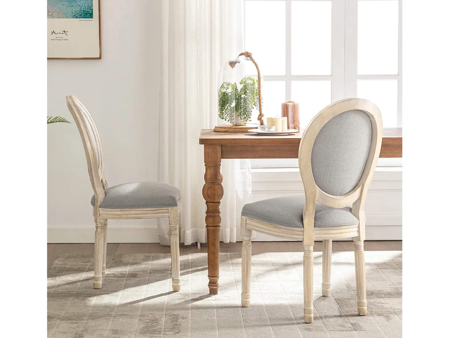 Silla de comedor barroca, sillas de comedor estilo rústico francés, silla barroca, silla tapizada, juego de 2 sillas de cocina de madera, color gris