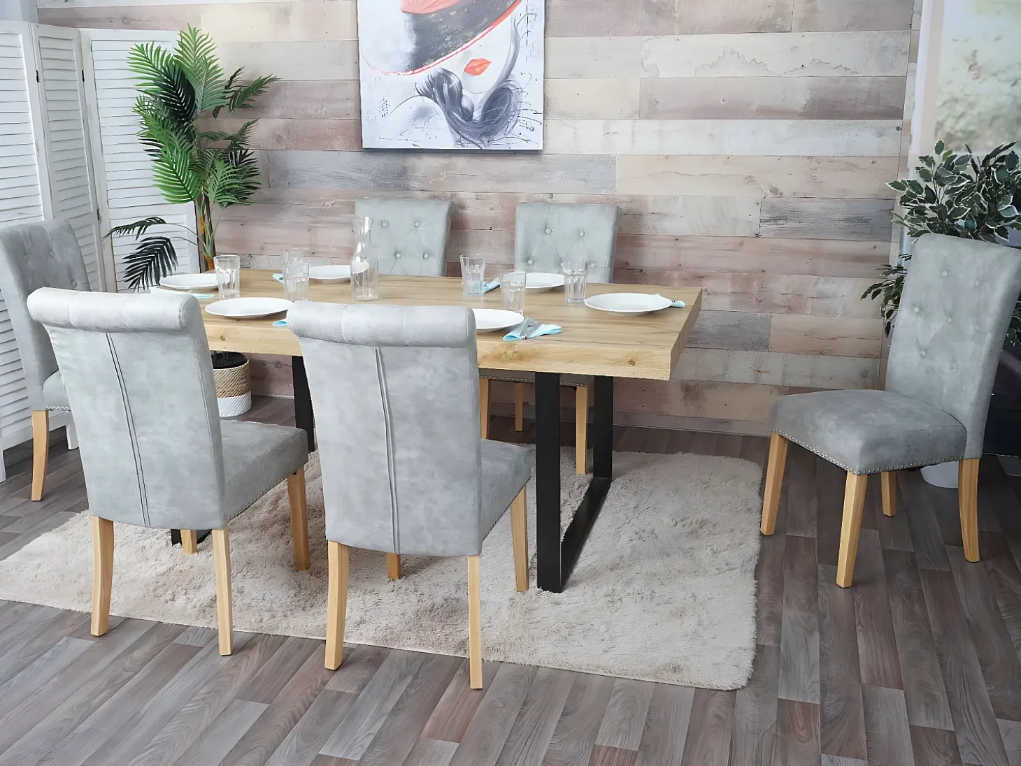 Silla de comedor Chesterfield II (set de 2), tela/textil gris claro, patas claras