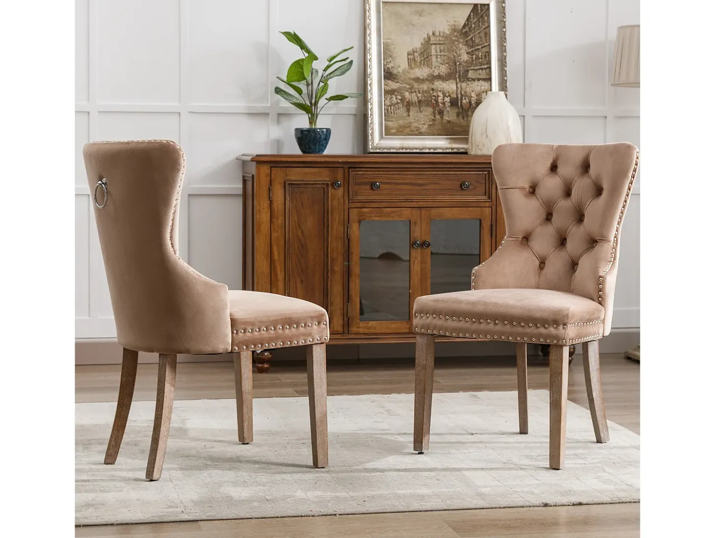 Silla de comedor con tirador circular, terciopelo, patas de madera maciza, marrón (53x46,5x95 cm)