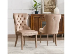 Silla de comedor con tirador circular, terciopelo, patas de madera maciza, marrón (53x46,5x95 cm)