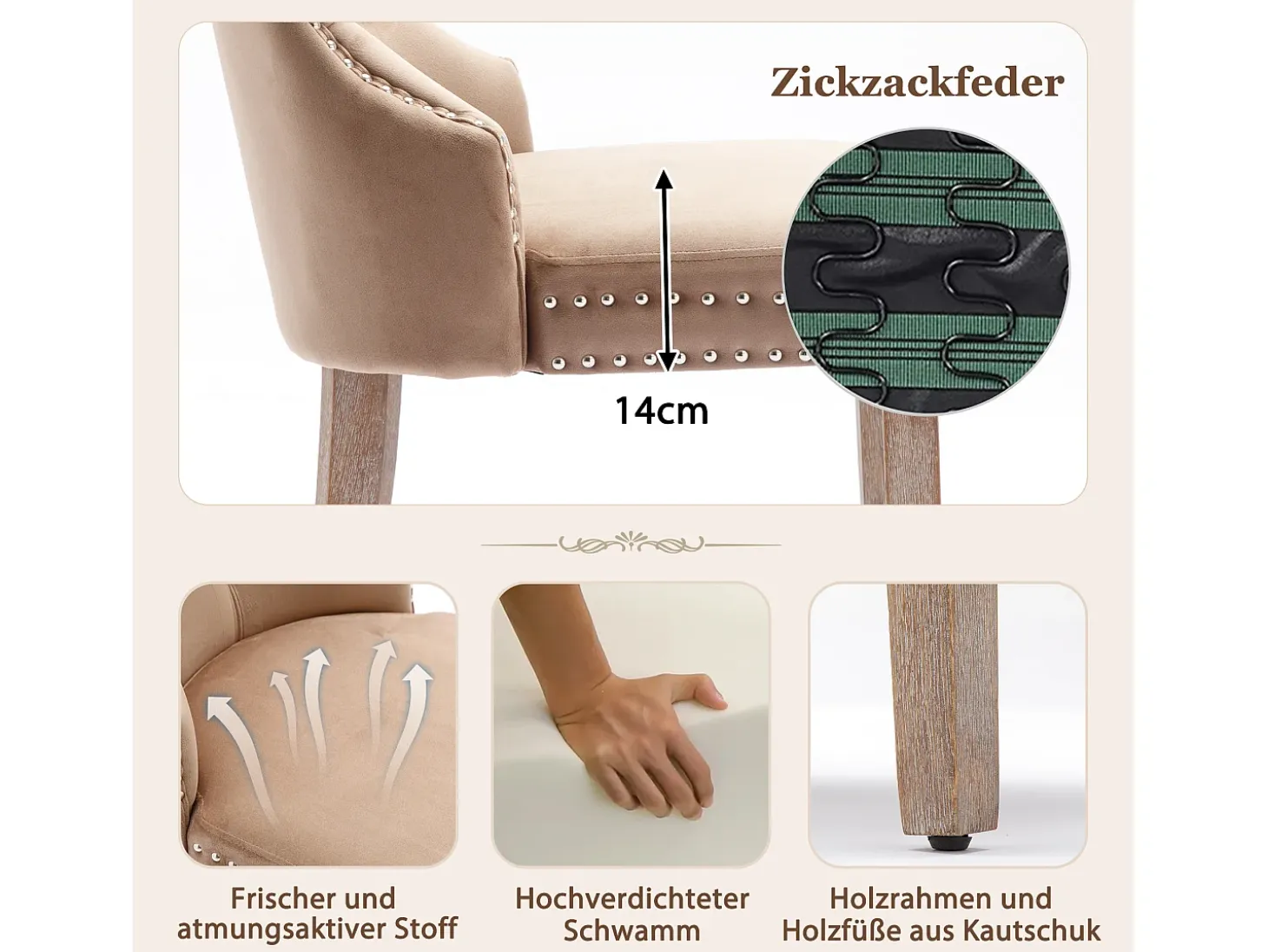 Silla de comedor con tirador circular, terciopelo, patas de madera maciza, marrón (53x46,5x95 cm)