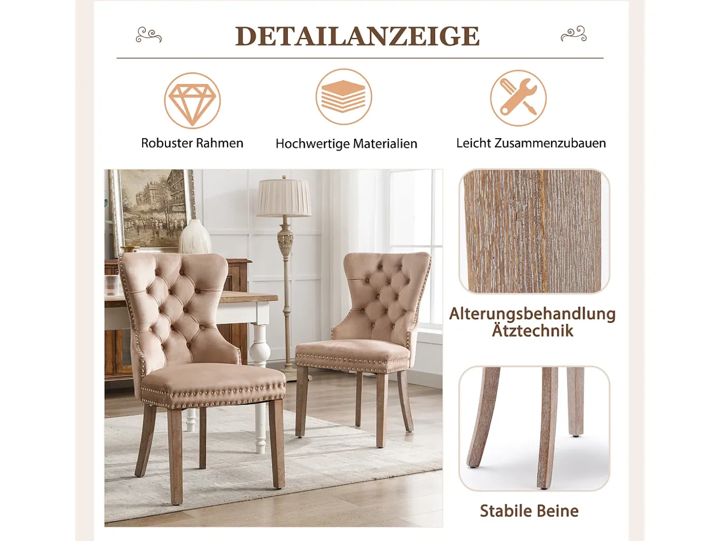 Silla de comedor con tirador circular, terciopelo, patas de madera maciza, marrón (53x46,5x95 cm)