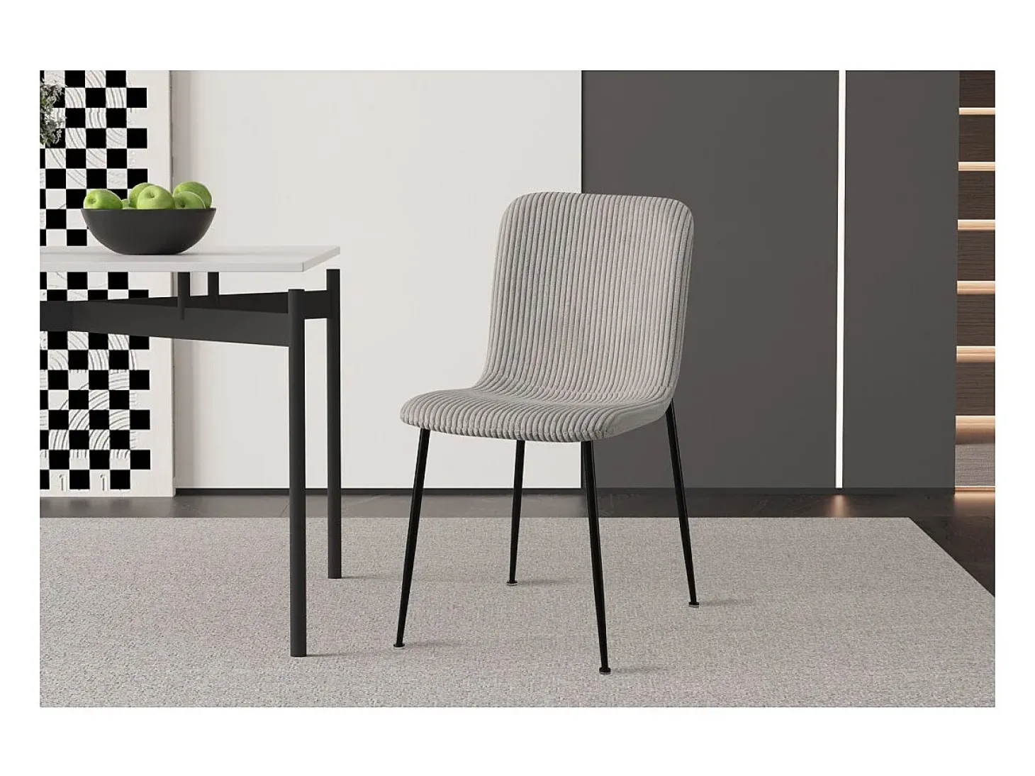 Silla de comedor CORDUROY – Terciopelo de pana gris claro – Patas de metal negro – Estilo diseño