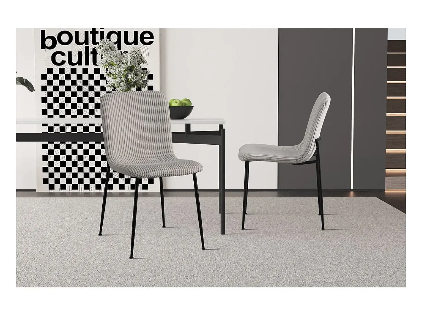 Silla de comedor CORDUROY – Terciopelo de pana gris claro – Patas de metal negro – Estilo diseño