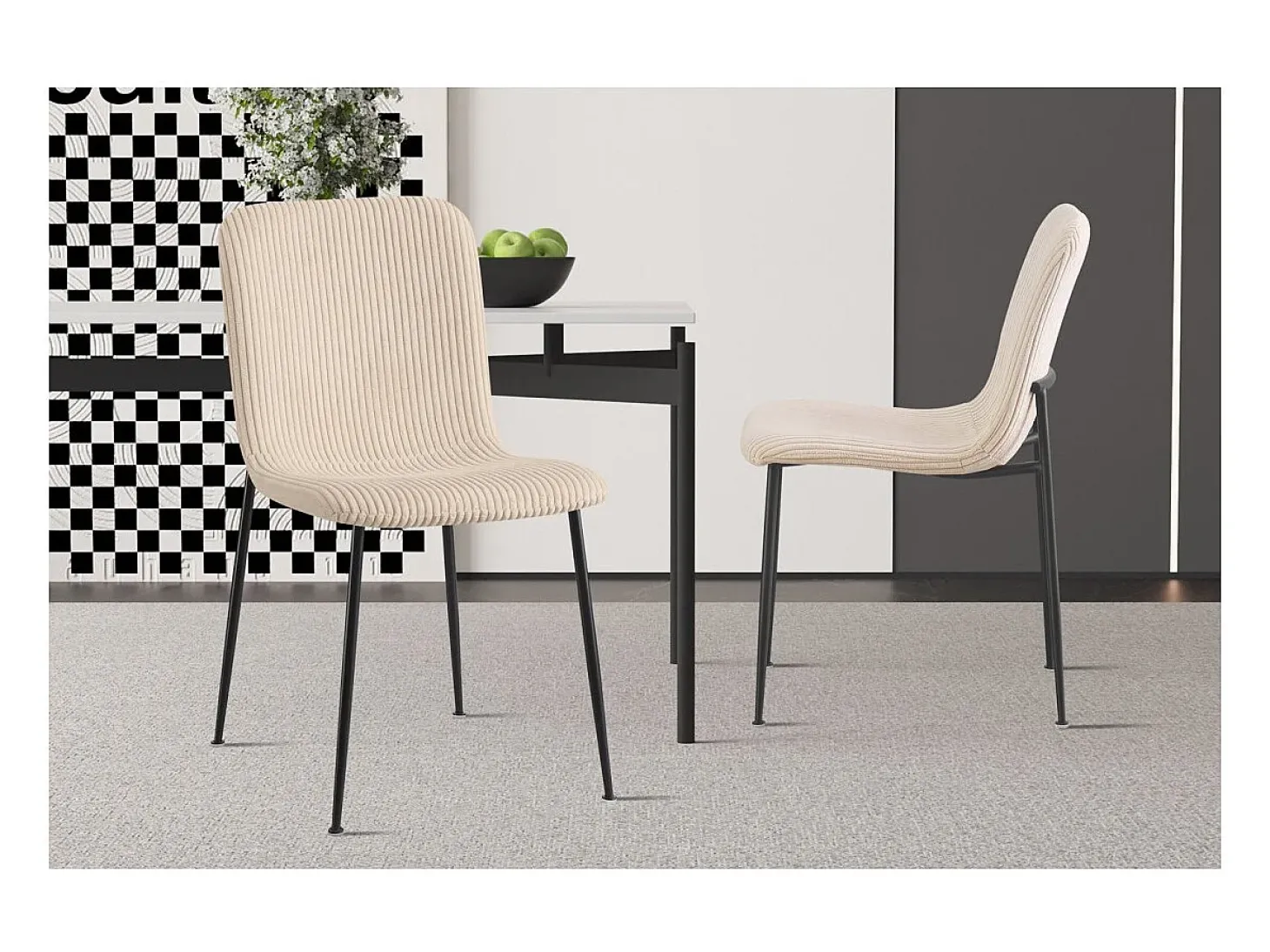 Silla de comedor CORDUROY – Terciopelo de pana beige – Patas de metal negro – Estilo diseño