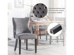 Silla de comedor de 1,2 m de terciopelo gris con botones capitoné y estructura de madera maciza, color gris (juego de 6)