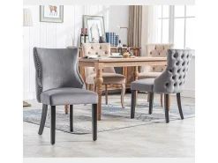 Silla de comedor de 1,2 m de terciopelo gris con botones capitoné y estructura de madera maciza, color gris (juego de 4)