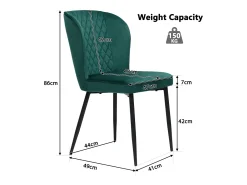 Silla de comedor de diseño, 4 sillas de terciopelo verde con respaldo, asiento de terciopelo, patas de metal (47x43x86 cm)