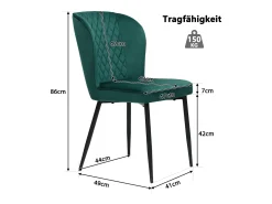 Silla de comedor de diseño, 4 sillas de terciopelo verde oscuro con respaldo y patas de metal (47x43x86 cm)