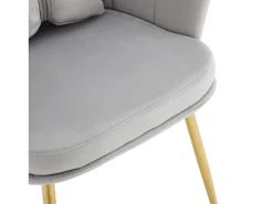 Silla de comedor de terciopelo con respaldo capitoné y patas de metal dorado – gris