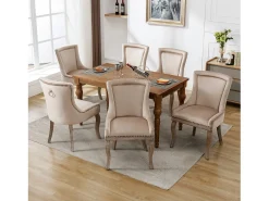Silla de comedor de terciopelo beige con patas de madera maciza, diseño elegante con clavos decorativos (55x61x91 cm)