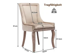 Silla de comedor de terciopelo beige con patas de madera maciza, diseño elegante con clavos decorativos (55x61x91 cm)