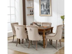 Silla de comedor de terciopelo beige con patas de madera maciza, diseño elegante con clavos decorativos (55x61x91 cm)