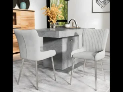 Silla de comedor de terciopelo, lote de 4, cuatro patas de metal plateado, gris