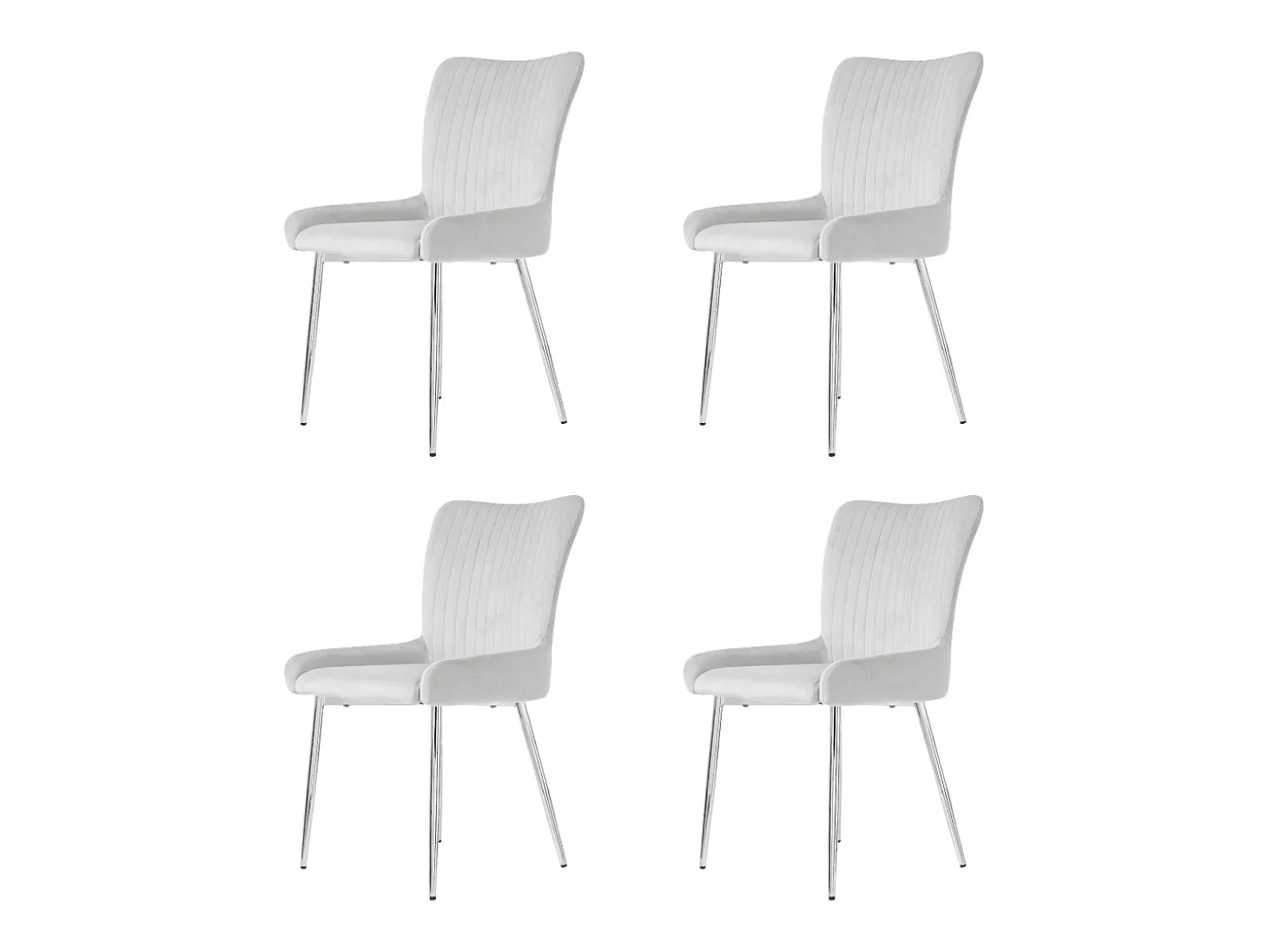 Silla de comedor de terciopelo, lote de 4, cuatro patas de metal plateado, gris