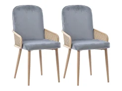 Silla de comedor de terciopelo, 2 piezas, diseño de ratán, patas de metal efecto madera, gris (61 x 59,5 x 52 cm)