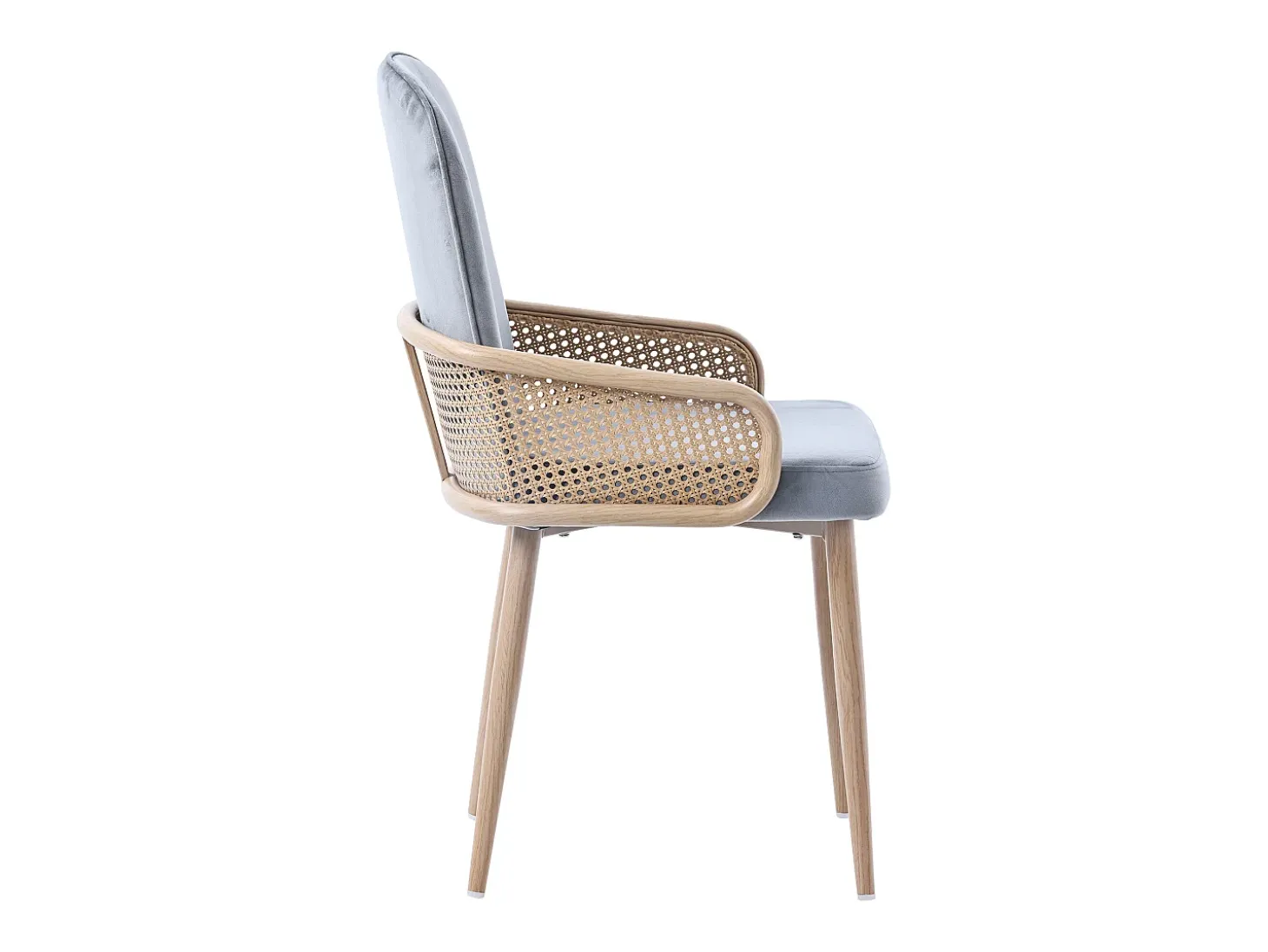Silla de comedor de terciopelo, 2 piezas, diseño de ratán, patas de metal efecto madera, gris (61 x 59,5 x 52 cm)