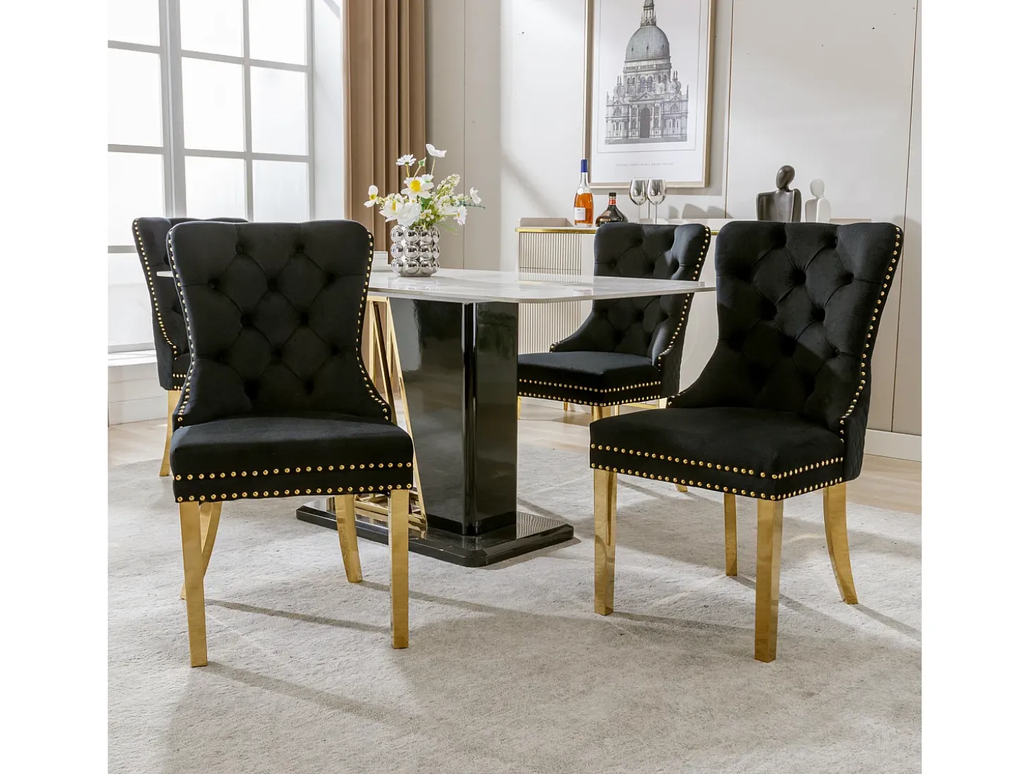 Silla de comedor de terciopelo, clavos decorativos, patas de acero inoxidable dorado, Negro/Dorado (50,5x45x95 cm)