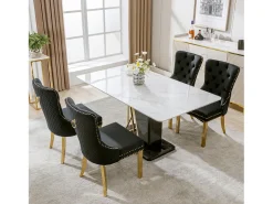 Silla de comedor de terciopelo, clavos decorativos, patas de acero inoxidable dorado, Negro/Dorado (50,5x45x95 cm)