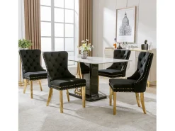 Silla de comedor de terciopelo, clavos decorativos, patas de acero inoxidable dorado, Negro/Dorado (50,5x45x95 cm)